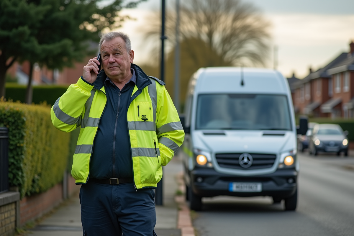 Agent municipal en veste haute visibilité parlant au téléphone