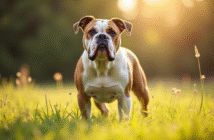 American Bulldog debout dans un champ ensoleille