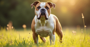 American Bulldog debout dans un champ ensoleille