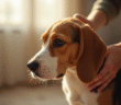Beagle brossé doucement par une personne à l'intérieur