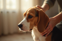 Beagle brossé doucement par une personne à l'intérieur