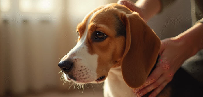 Beagle brossé doucement par une personne à l'intérieur