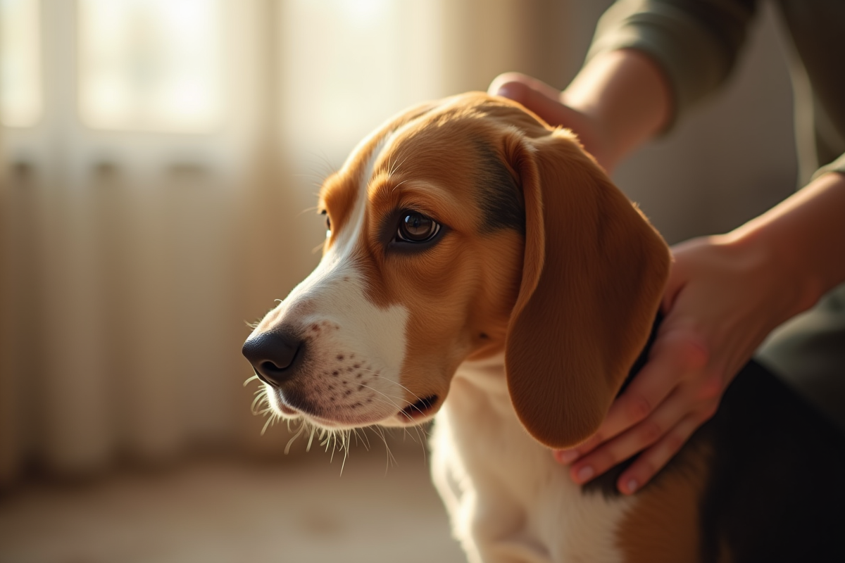 Beagle brossé doucement par une personne à l'intérieur