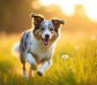 Chien berger australien merle bleu courant dans un champ ensoleille