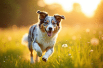 Chien berger australien merle bleu courant dans un champ ensoleille