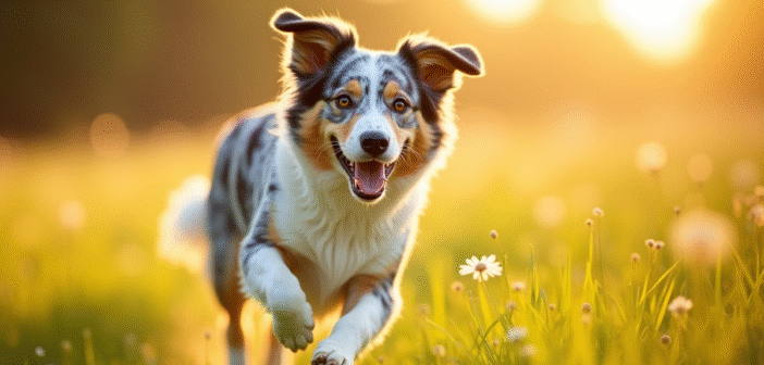 Chien berger australien merle bleu courant dans un champ ensoleille