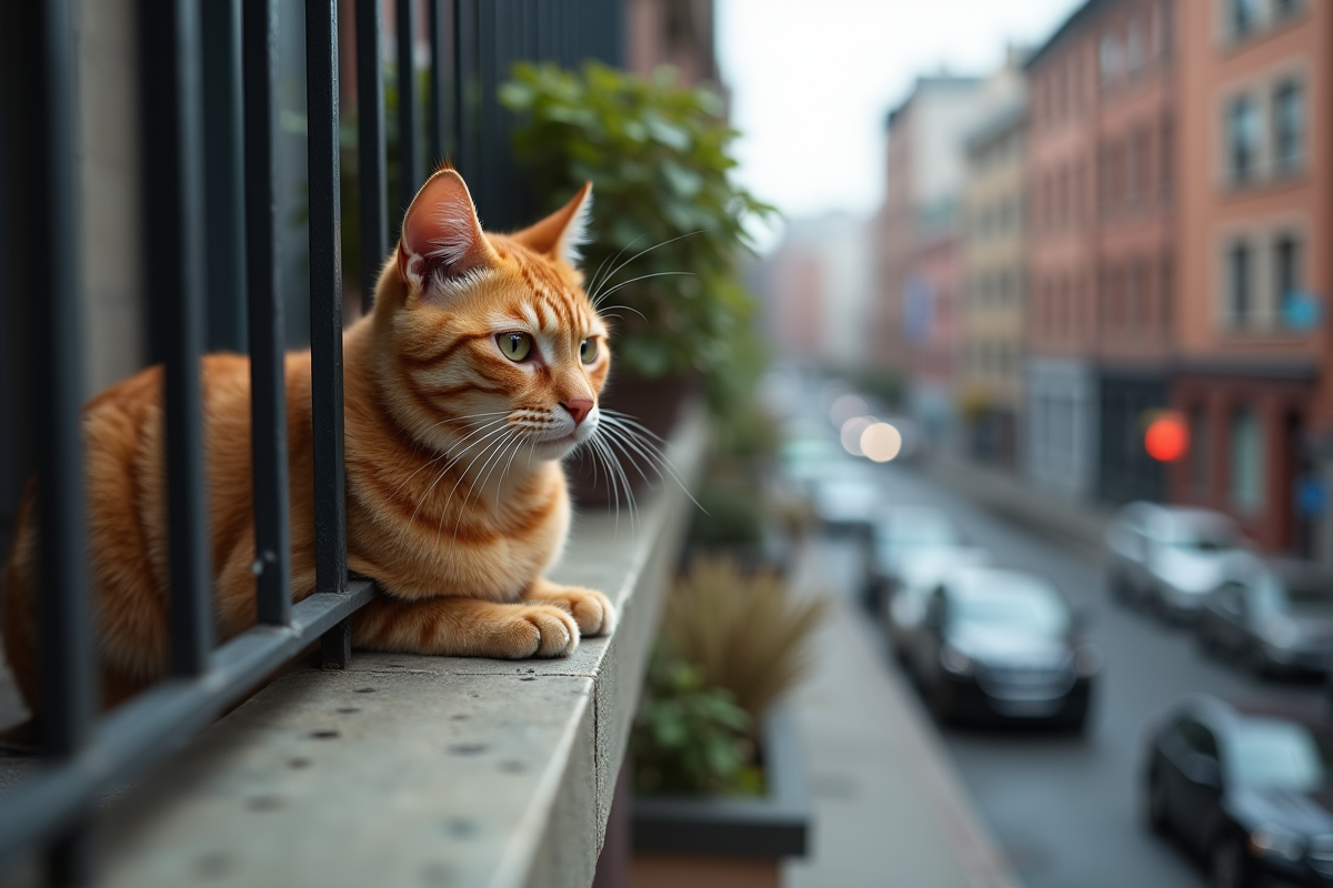 Chat roux solitaire regardant la ville depuis un balcon