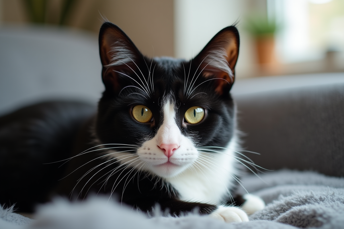 Chat noir et blanc relaxé sur canapé gris en lumière naturelle