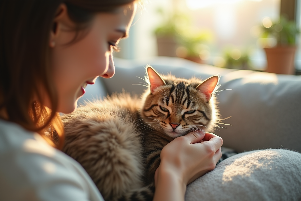Chat nain confortablement installé sur un canapé lumineux