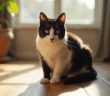 Chat noir et blanc sur sol en bois en lumière naturelle