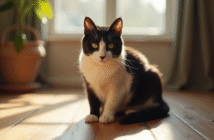 Chat noir et blanc sur sol en bois en lumière naturelle