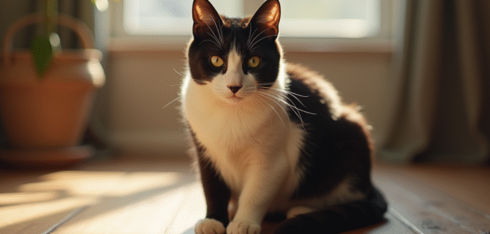 Chat noir et blanc sur sol en bois en lumière naturelle