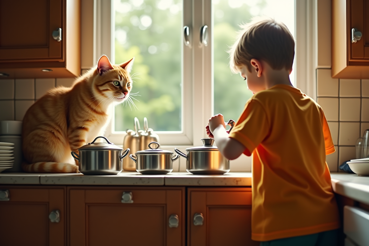 Chat orange sur le rebord de fenêtre avec un enfant bruyant