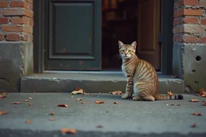 Chat errant tabby seul devant un immeuble ancien en automne