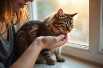 Chat tabby affectueux contre une main souriante au soleil