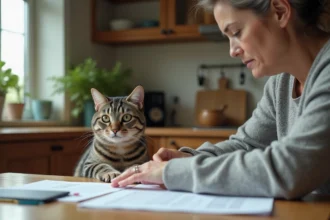 Chat tabby assis près d'une femme dans la cuisine