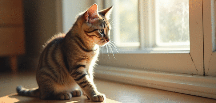 Jeune chat tacheté assis près d'une fenêtre en lumière naturelle