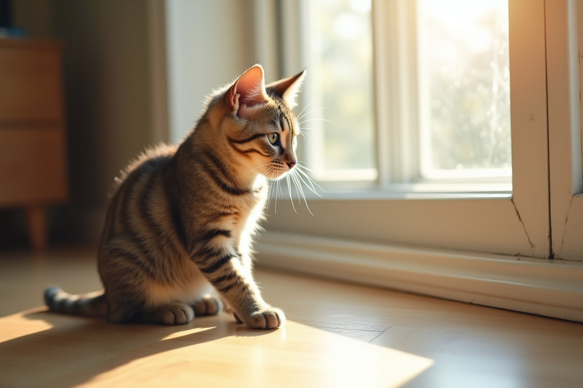 Jeune chat tacheté assis près d'une fenêtre en lumière naturelle