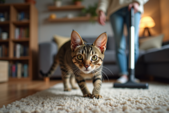 Chat tabby effrayé par un aspirateur en salon moderne