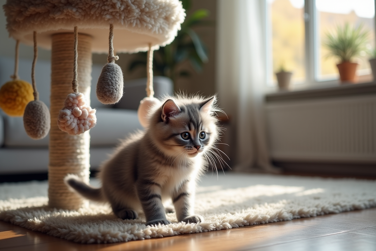 Chaton angora gris explorant un arbre à chat avec jouets suspendus