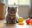 Chaton angora gris jouant avec des jouets colorés ensoleillés