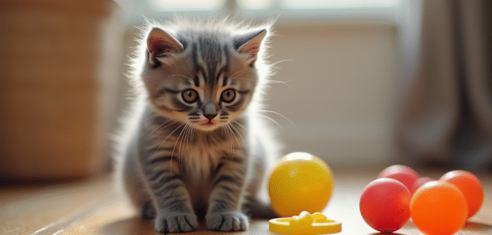 Chaton angora gris jouant avec des jouets colorés ensoleillés
