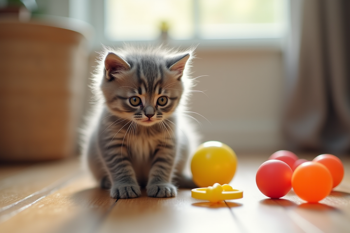 Chaton angora gris jouant avec des jouets colorés ensoleillés