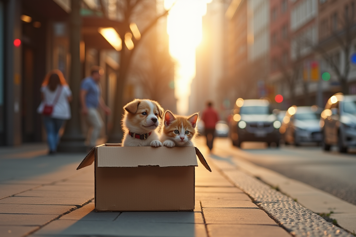 Chaton et chiot dans une boîte en carton sur le trottoir urbain