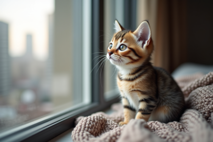 Jeune chaton tabby regardant par la fenêtre dans un appartement
