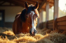 Cheval sain mangeant du foin frais dans une stalle ensoleillee