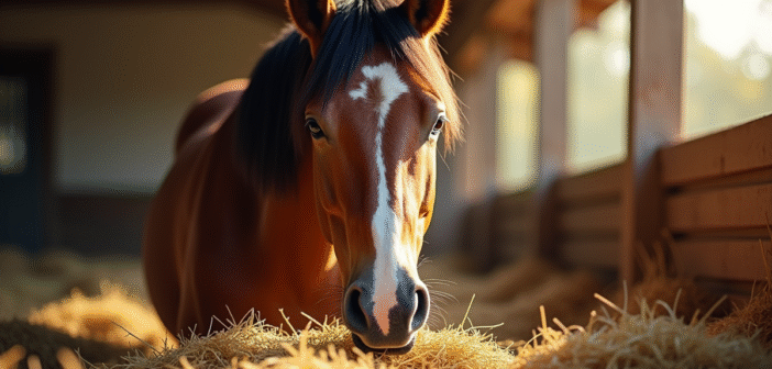 Cheval sain mangeant du foin frais dans une stalle ensoleillee