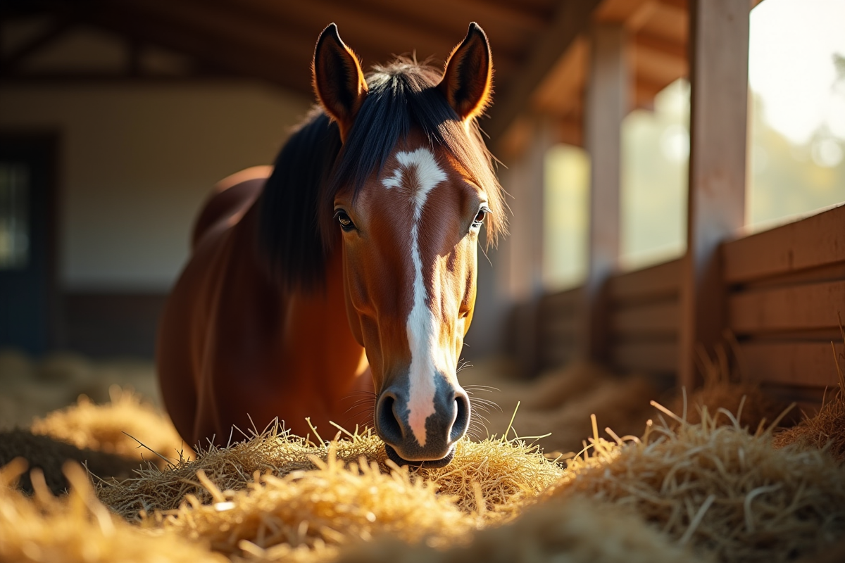 Cheval sain mangeant du foin frais dans une stalle ensoleillee