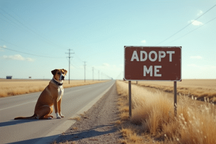 Chien solitaire près d'une route en Oklahoma avec panneau adoption