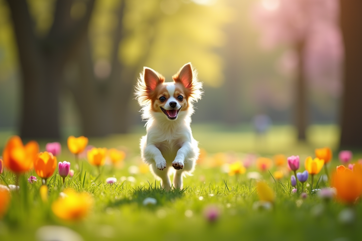 Chihuahua papillon courant dans un parc en fleurs au printemps