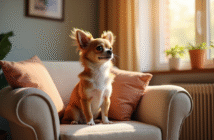 Chihuahua papillon dans un salon ensoleille sur un fauteuil