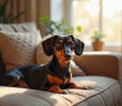 Kaninchen dachshund sur un canapé lumineux