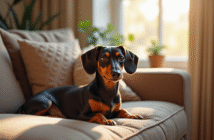 Kaninchen dachshund sur un canapé lumineux