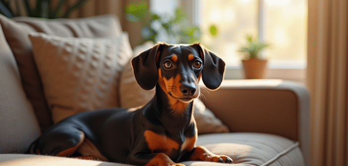 Kaninchen dachshund sur un canapé lumineux
