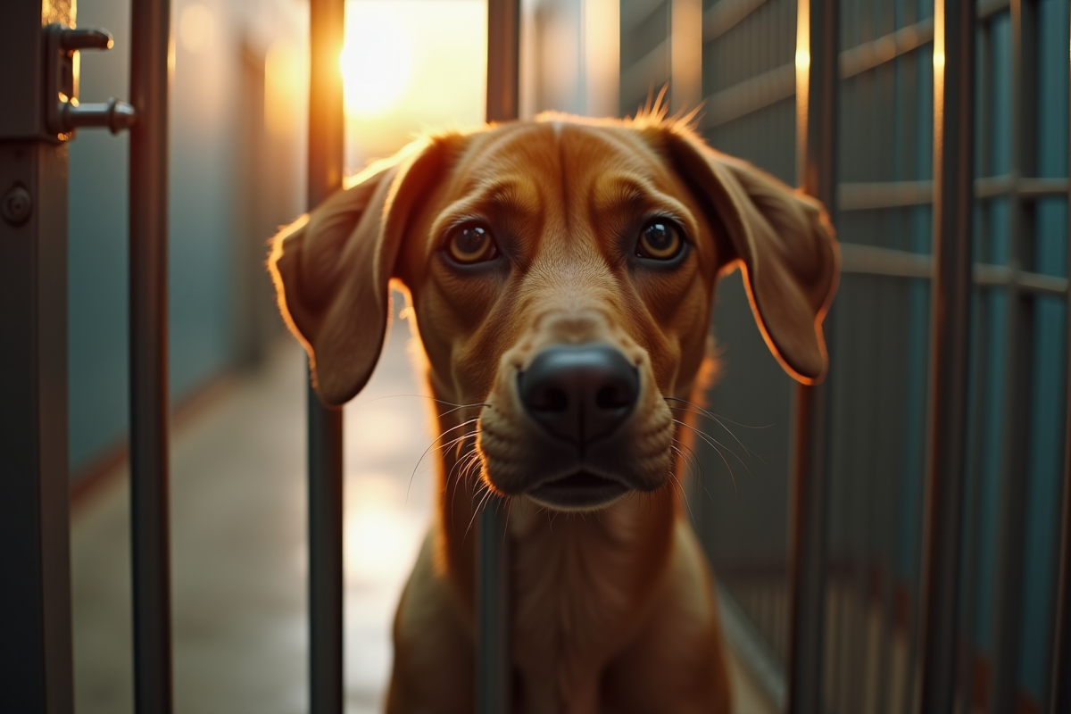Chien brun derrière la grille d