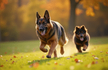 Chien croise berger allemand et Newfoundland courant dans un parc ensoleille