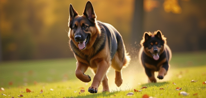 Chien croise berger allemand et Newfoundland courant dans un parc ensoleille