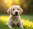 Labrador nain assis dans un parc ensoleille avec pelage brillant