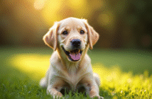 Labrador nain assis dans un parc ensoleille avec pelage brillant
