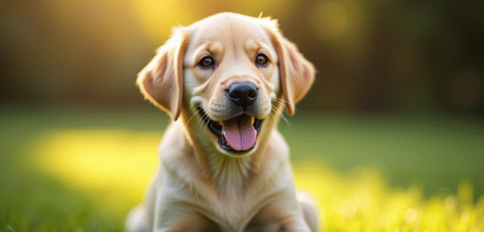 Labrador nain assis dans un parc ensoleille avec pelage brillant