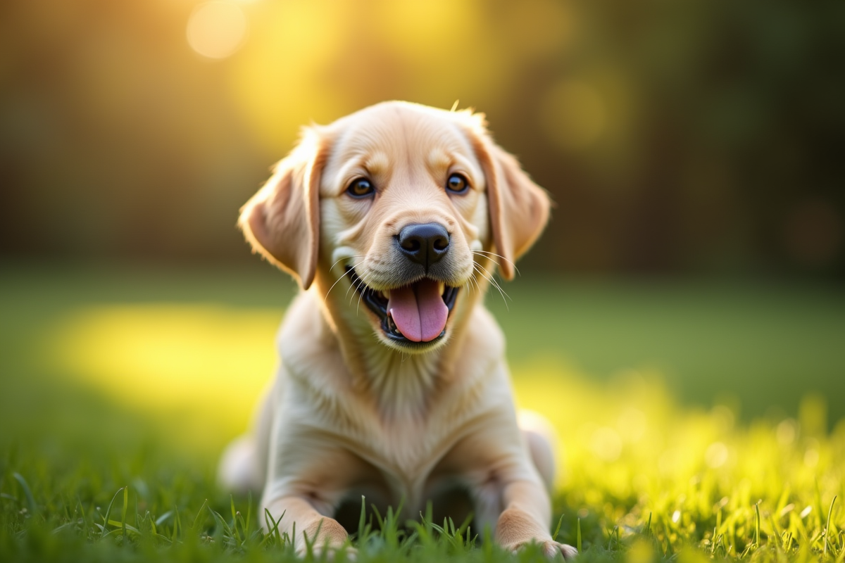 Labrador nain assis dans un parc ensoleille avec pelage brillant