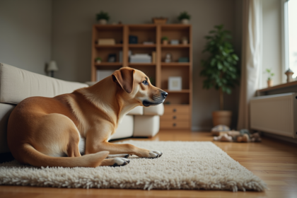 Chien adulte couché sur un canapé beige dans un salon moderne