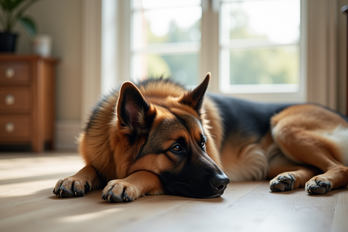 Chien croise berger allemand et Newfoundland reposant en interieur lumineux