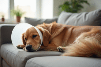 Golden retriever avec un cône reposant sur un canapé lumineux