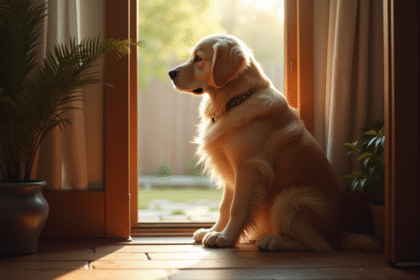 Chien retriever assis devant une porte regardant dehors
