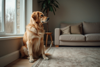 Chien retriever senior assis sur un tapis regardant par la fenêtre